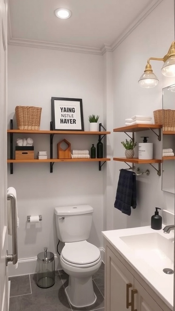 A modern bathroom with customized wooden shelving, decorative items, and a framed artwork on the wall.