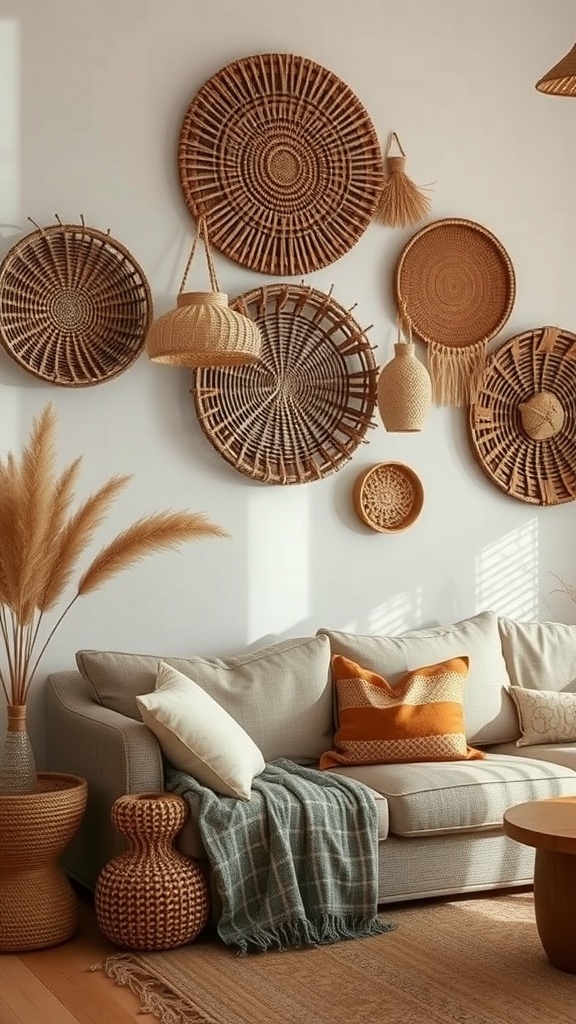 A cozy living room with a couch, decorated with woven baskets on the wall above it.