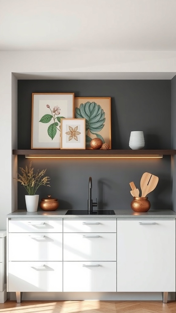 A modern kitchen with artistic wall decor featuring framed botanical prints on a dark wall.