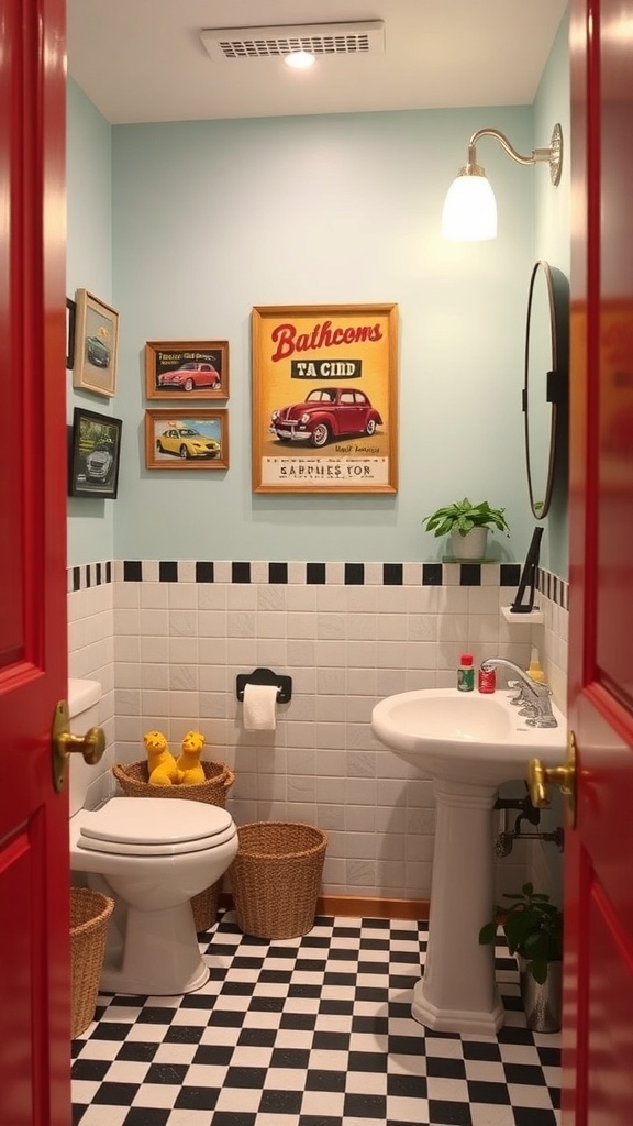 A vintage car garage themed bathroom with blue walls, checkered floor, and car-themed decor.