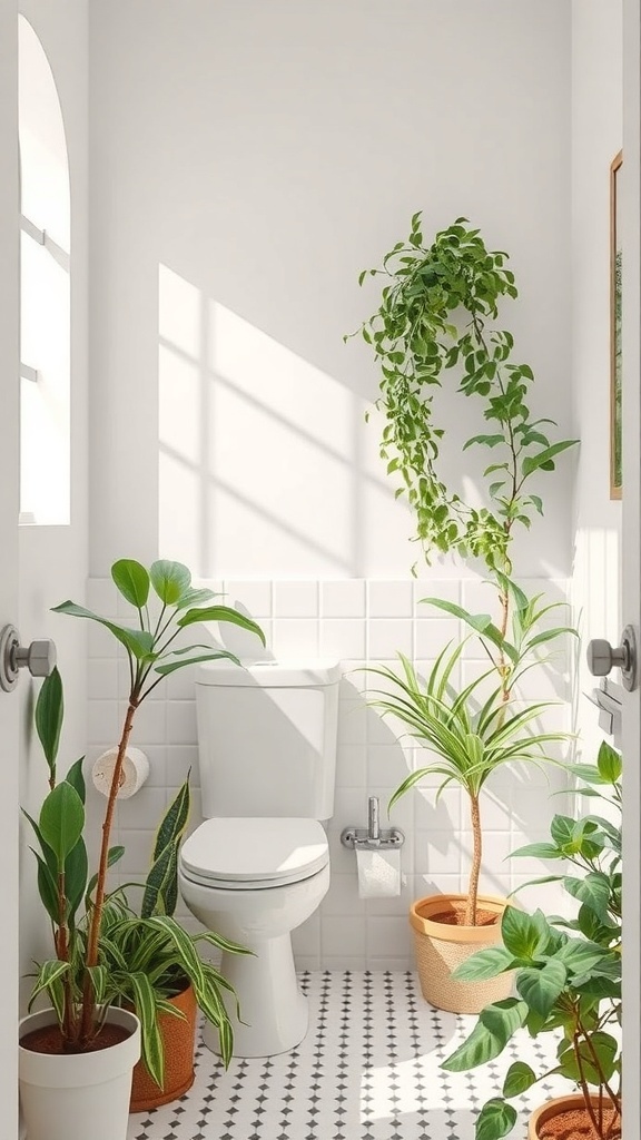 Bright white bathroom with various green plants in pots.