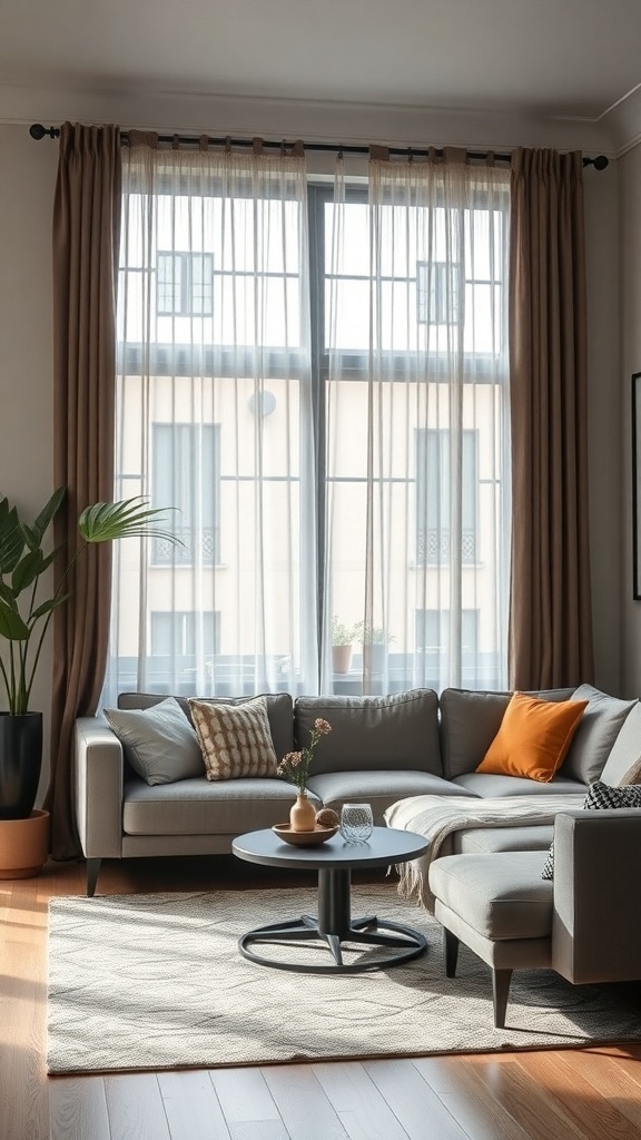 A cozy industrial farmhouse living room with large windows dressed in sheer and earthy-toned curtains, featuring a comfortable sofa and a round coffee table.