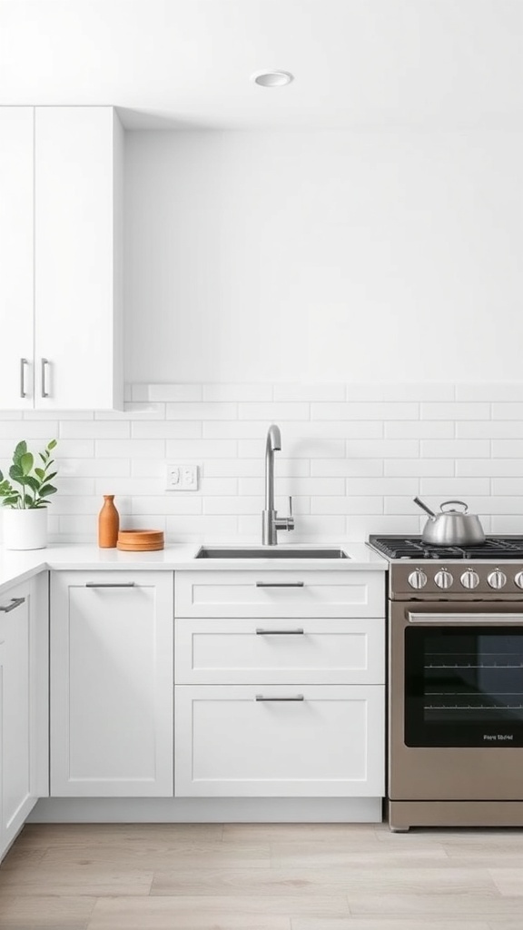 Modern kitchen with white cabinets and shiplap backsplash