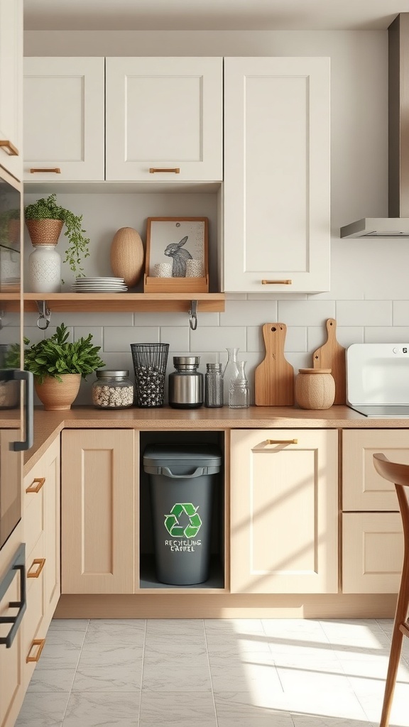 A modern kitchen with an integrated recycling bin under the counter, showcasing stylish decor and functional design.