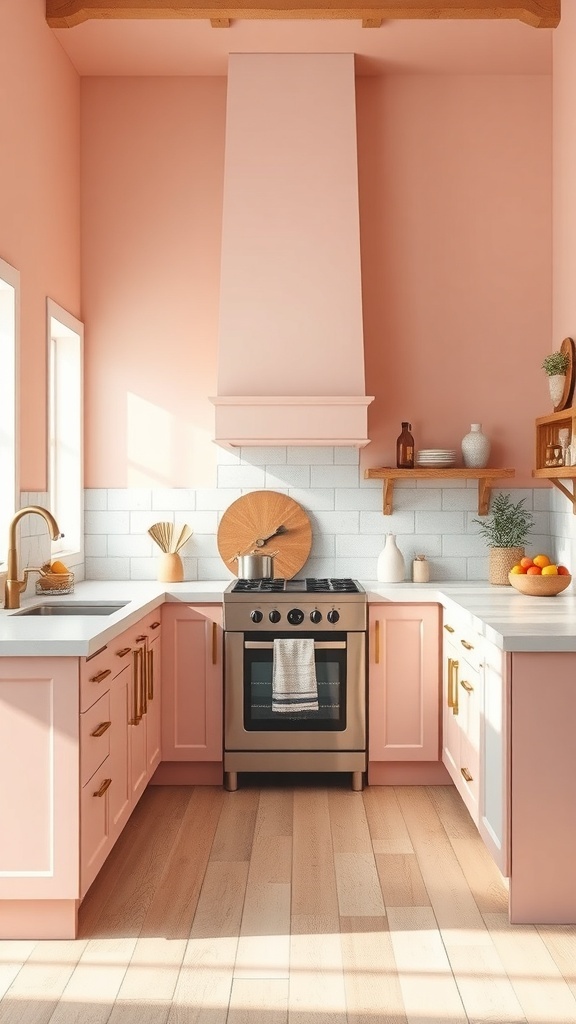 A cozy kitchen with peachy pink walls, pink cabinets, and modern decor