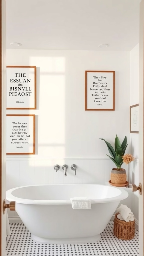 A bright bathroom with framed inspirational quotes on the wall, a white bathtub, and a plant.