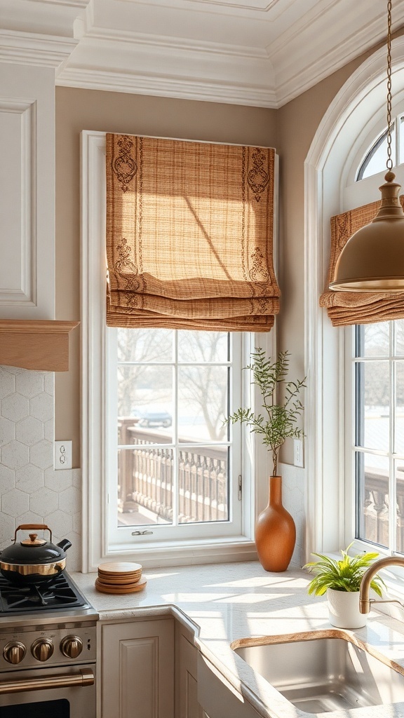 Stylish kitchen window with roman shades and natural decor elements