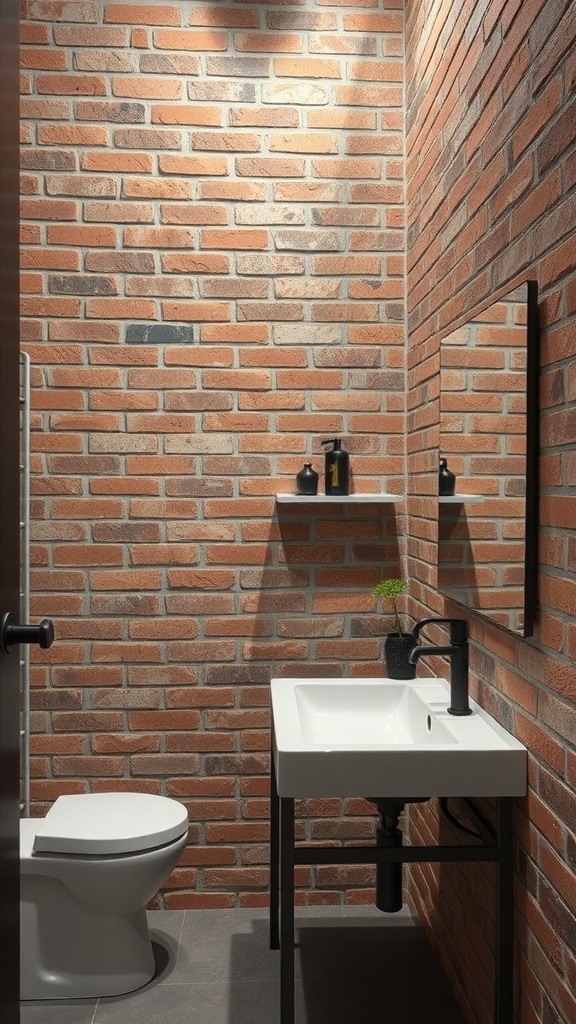 Industrial style bathroom featuring exposed brick walls, a modern sink, and a sleek black faucet.