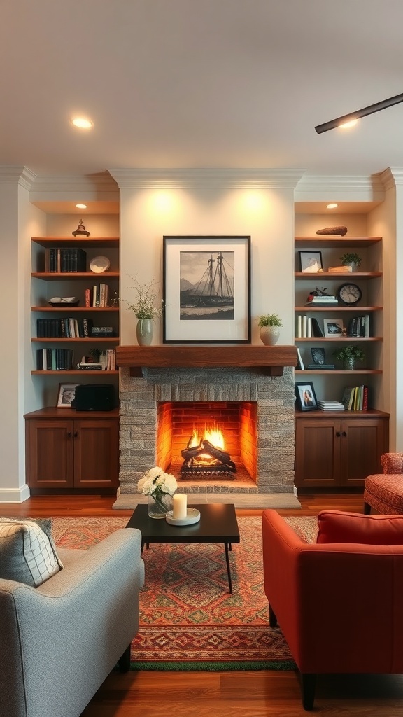 A cozy living room featuring integrated shelves surrounding a fireplace, with books and decorative items displayed.