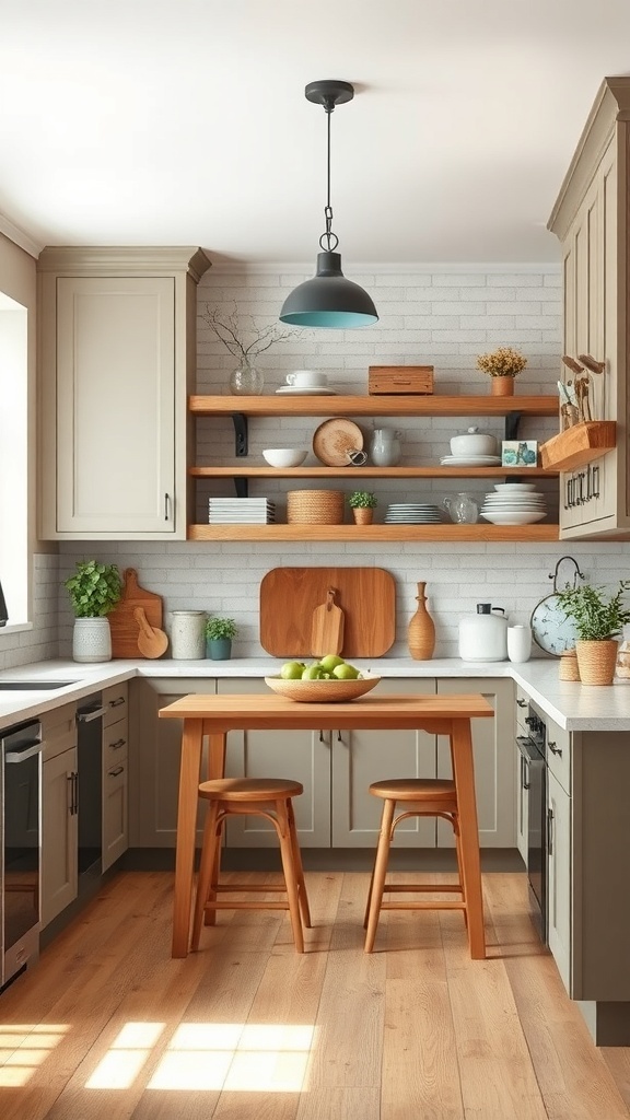 A modern farmhouse kitchen featuring vintage decor with open shelves, wooden accents, and a cozy dining area.