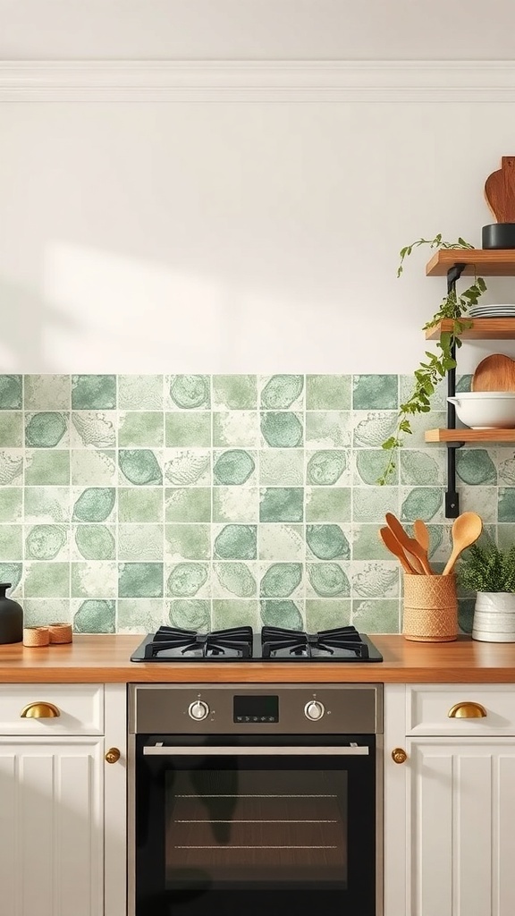 A kitchen featuring faded green textured tiles as a backsplash, complemented by white cabinets and wooden accents.