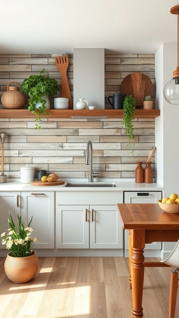 A modern kitchen featuring a reclaimed wood shiplap backsplash with white cabinetry and plants.