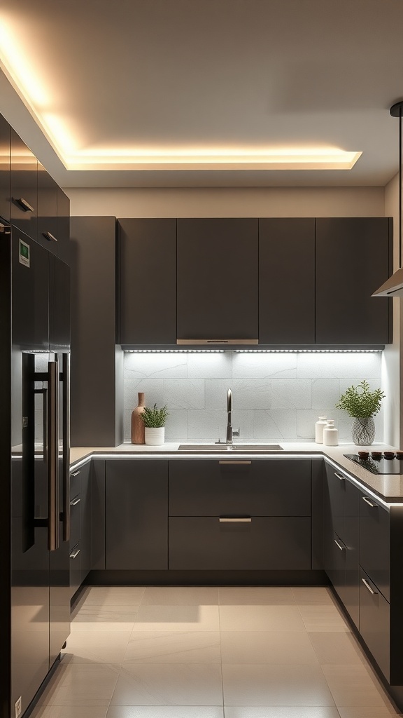 Modern kitchen with integrated lighting solutions showcasing sleek cabinetry and warm illumination.