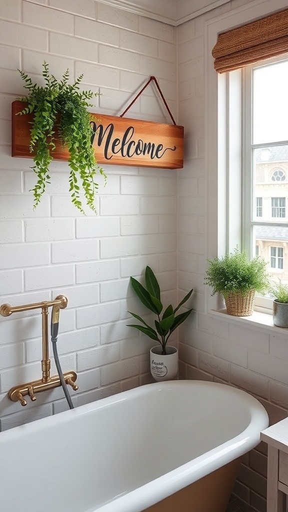 A cozy bathroom featuring a wooden 'Welcome' sign, plants, and a bathtub.