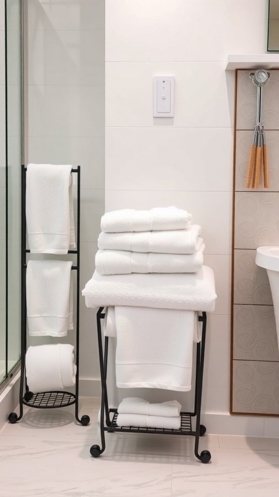 Neatly arranged white towels on a black metal rack in a modern bathroom.