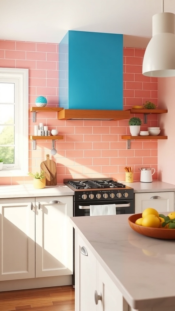 A modern farmhouse kitchen featuring pink shiplap tiles and a blue hood, creating a vibrant and inviting atmosphere.
