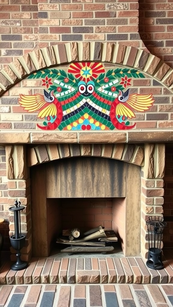 A stone brick fireplace with a colorful mosaic design featuring birds and floral patterns.