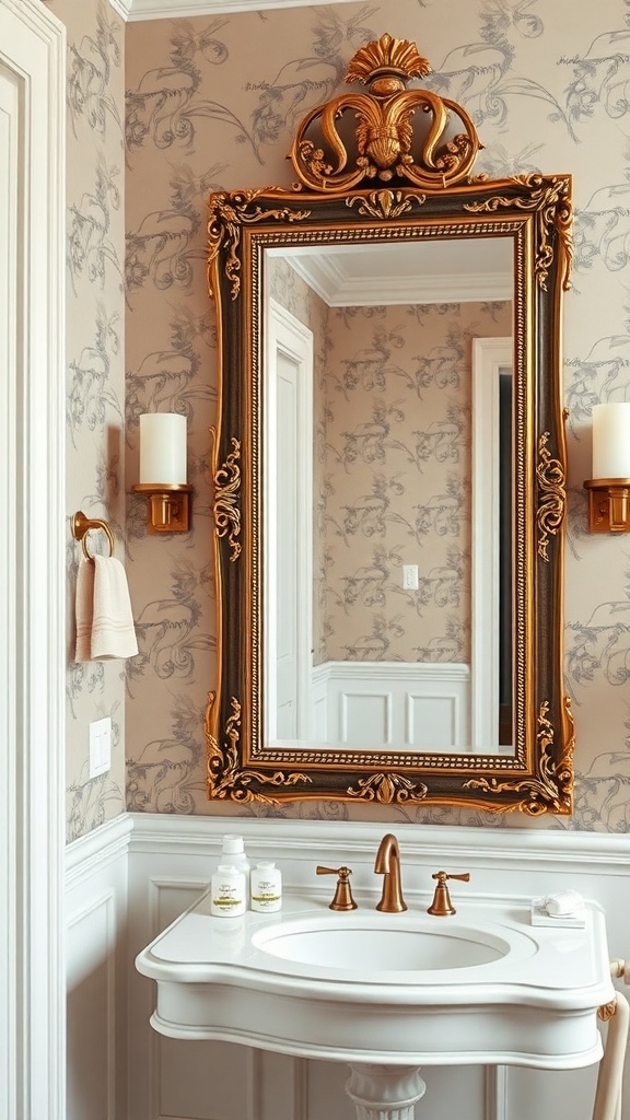 An ornate gold-framed mirror in a stylish bathroom with patterned wallpaper and elegant fixtures.