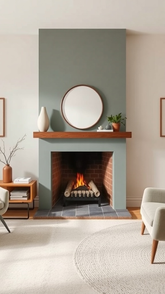 A mid-century modern fireplace with a muted green wall, wooden shelf, and stylish decor.