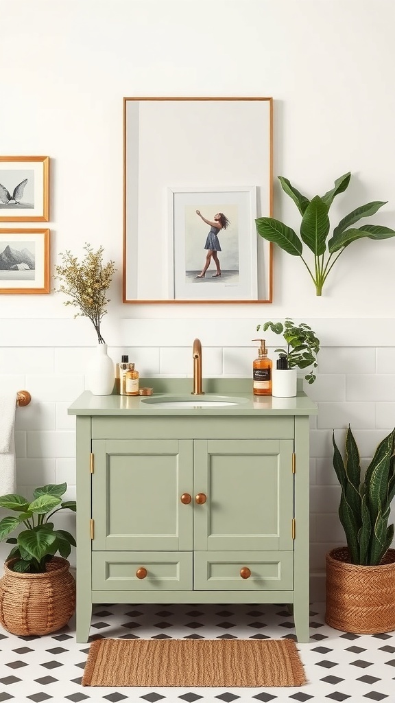 A sage green vanity unit with a sink, surrounded by plants and framed artwork in a stylish bathroom.