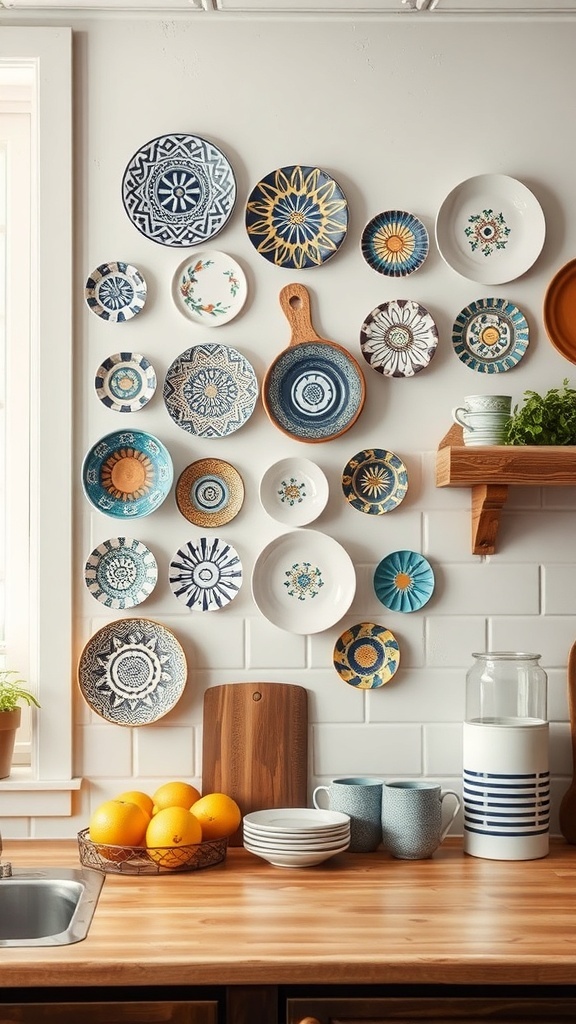 A colorful display of decorative plates on a kitchen wall, enhancing the decor and functionality of the space.