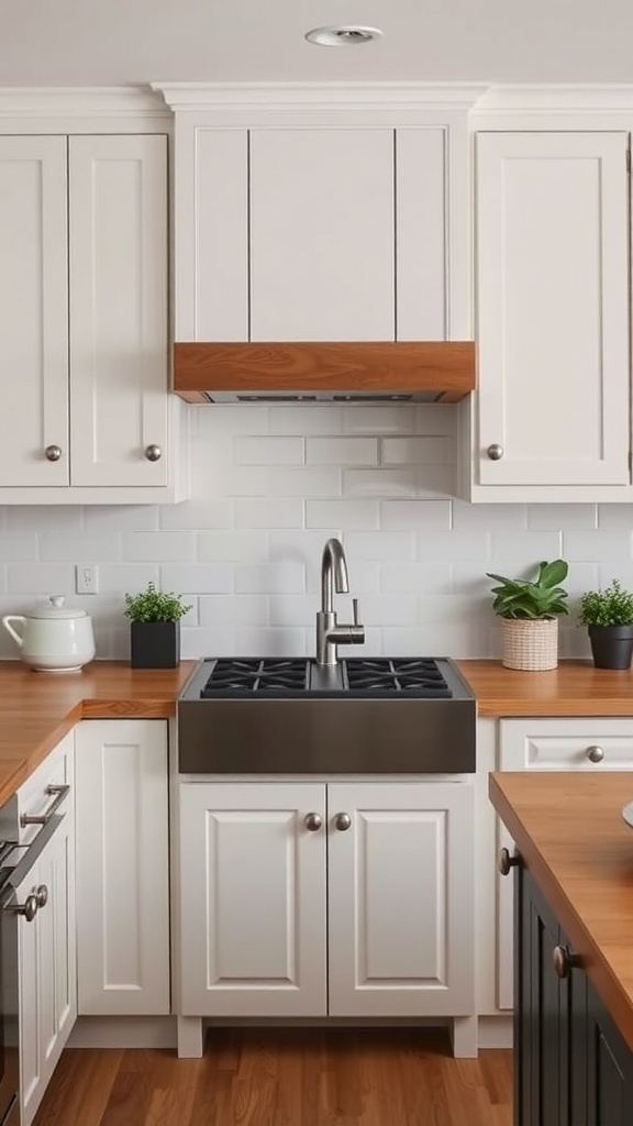 A kitchen with white shaker style cabinetry, wooden countertops, and a classic farmhouse backsplash.