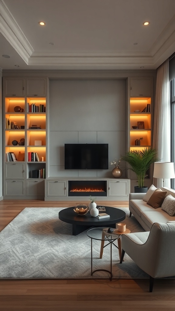 Living room with built-in shelves featuring hidden lighting, a TV, and a cozy seating area.