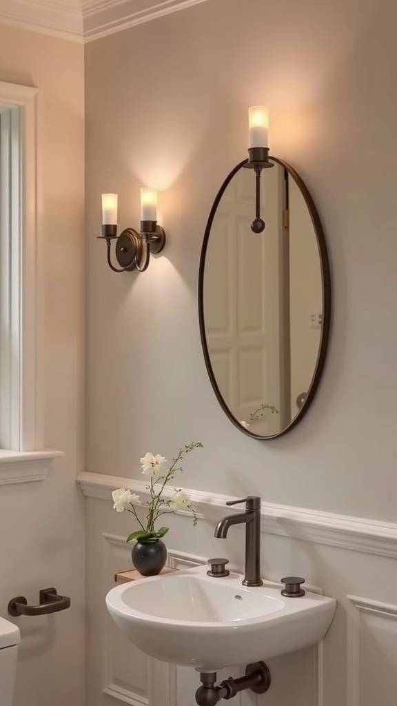 A bathroom with wall sconces, a round mirror, and a small vase of flowers