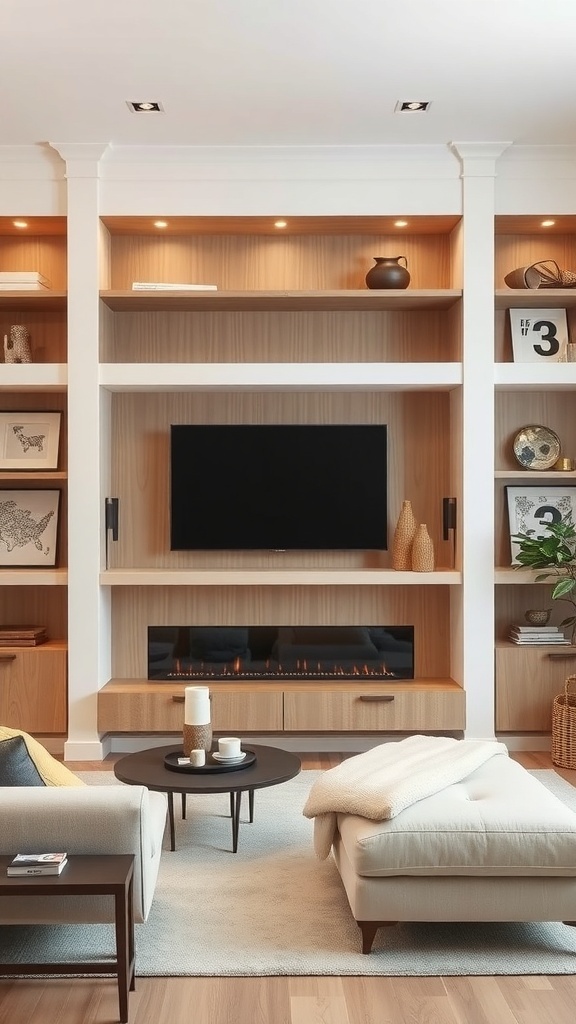Living room with textured wooden shelves, a TV, and decorative items