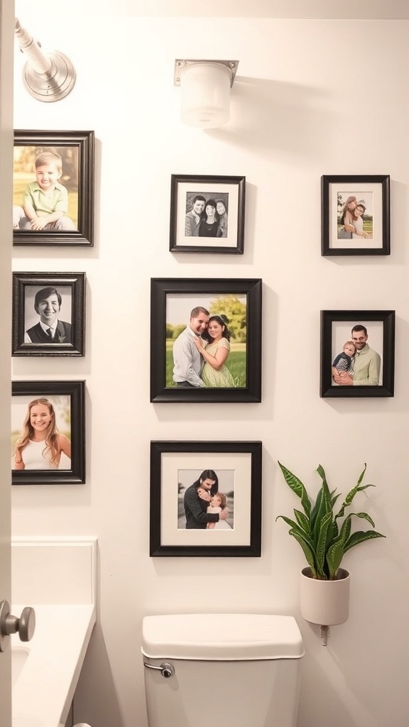 A bathroom wall decorated with framed family photos and a small plant.