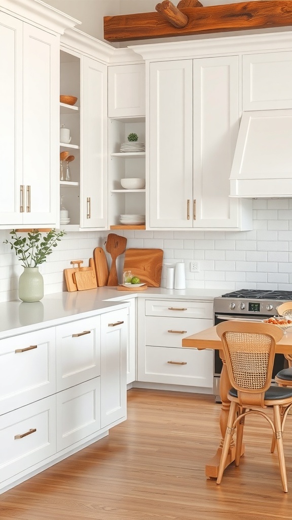 A bright kitchen featuring white cabinets and wooden accents, showcasing a stylish and timeless design.