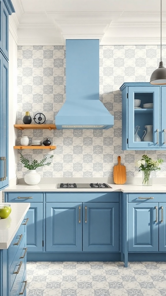 A modern kitchen featuring light blue cabinets, white patterned tiles, and stylish hardware.