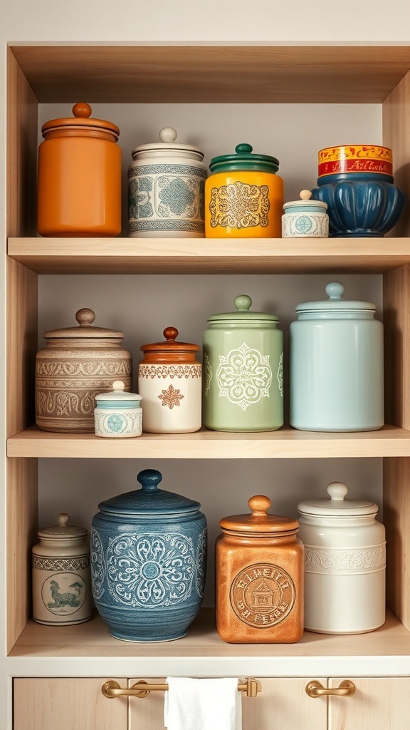 A shelf displaying various colorful ceramic jars and containers in different shapes and sizes.