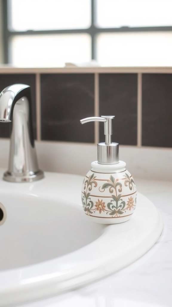 Artisan soap dispenser with floral design on a bathroom sink