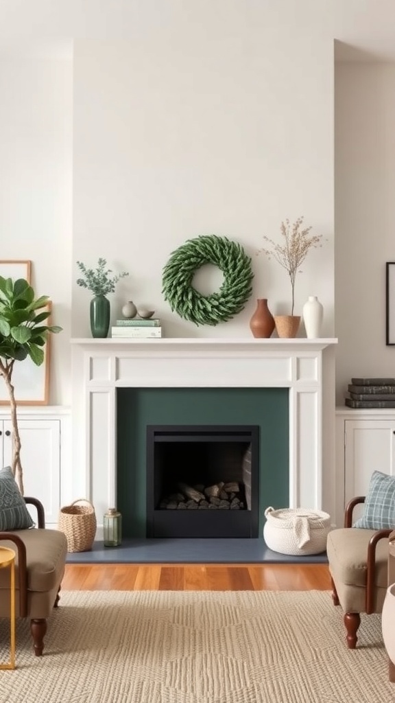 Farmhouse living room with a green fireplace, white mantel, and cozy seating