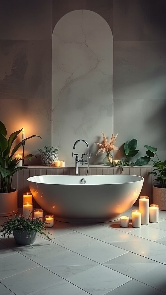 A serene bathroom featuring a freestanding bathtub surrounded by candles and plants.