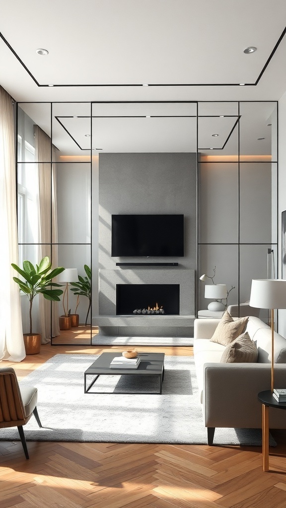 A modern living room featuring layered mirrors that enhance depth and light.