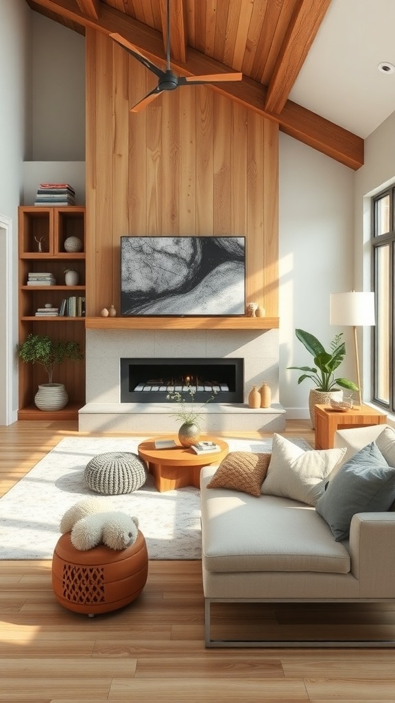 A modern rustic family room featuring wooden beams, a fireplace, and cozy furniture.