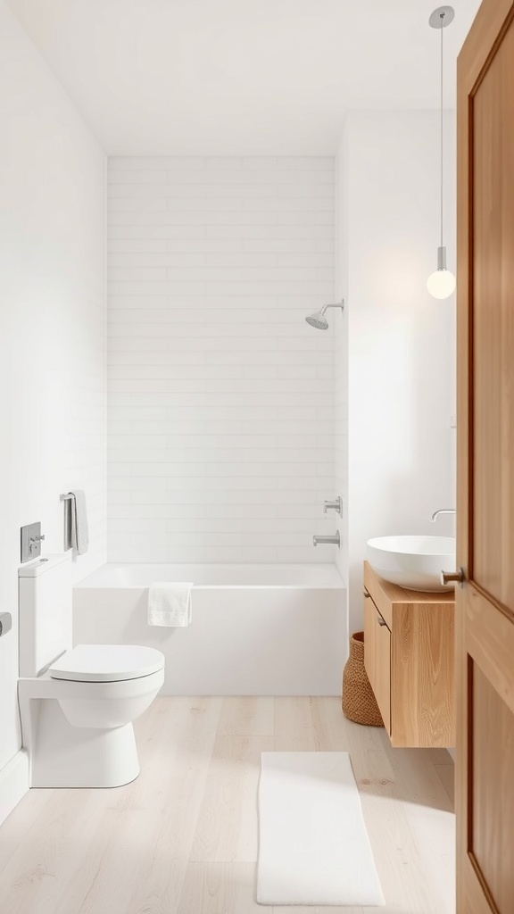 A bright bathroom featuring white walls, a white bathtub, and a wooden vanity.