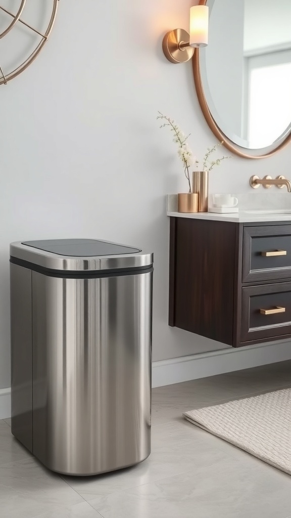 A modern stainless steel waste bin in a stylish bathroom setting