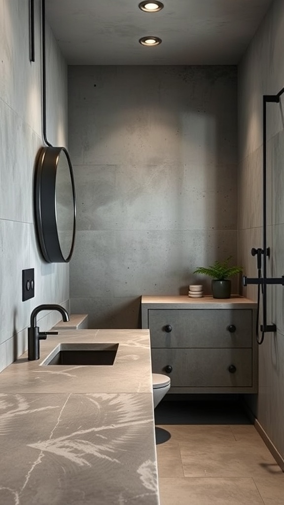 A modern bathroom featuring a textured concrete countertop, minimalist cabinetry, and dark fixtures.