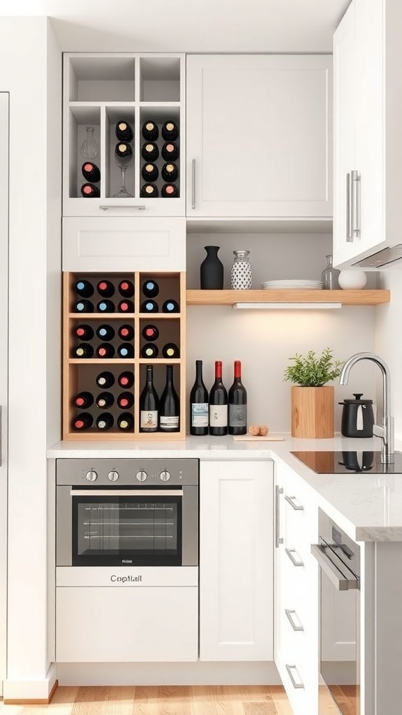 A small kitchen featuring a compact wine rack integrated into cabinetry, showcasing a modern minimalist design with bright natural light.