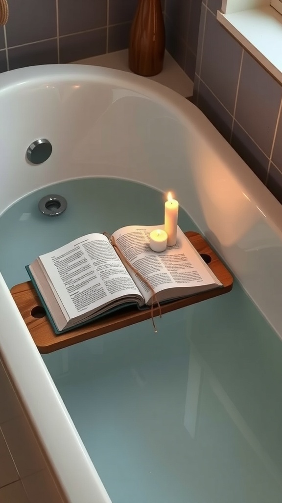 A wooden bath tray with an open book and a candle on a bathtub filled with water.