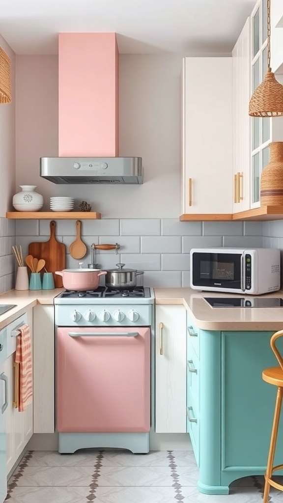 A vintage-inspired kitchen featuring pastel-colored appliances and a cozy layout.