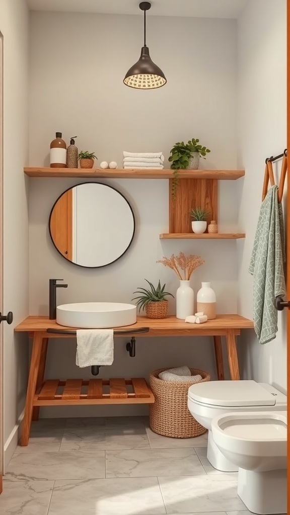 A cozy bathroom featuring natural wood accents with a wooden vanity, shelves, and plants.