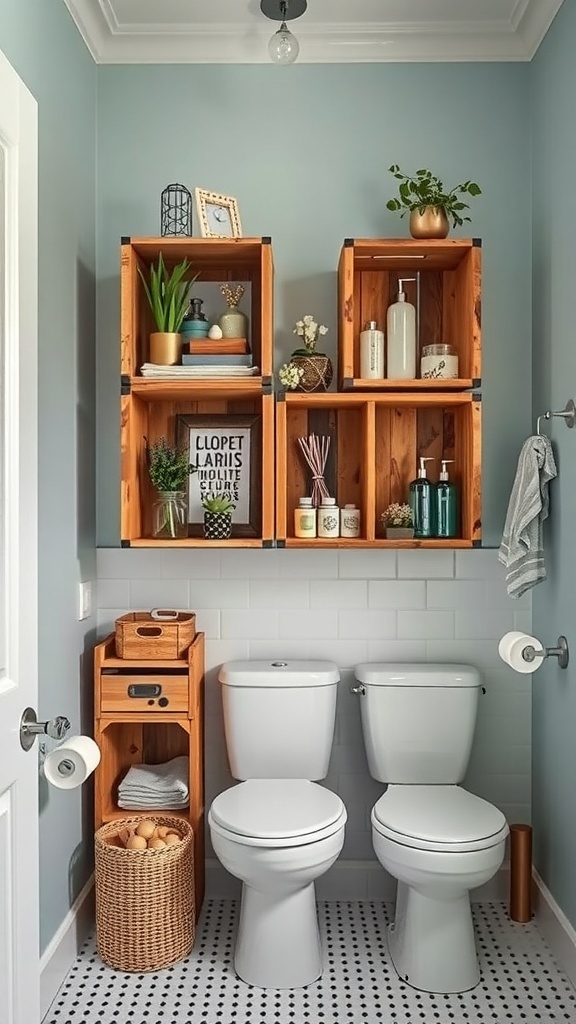Bathroom featuring artistic wooden crates as shelves, displaying plants and decorative items.