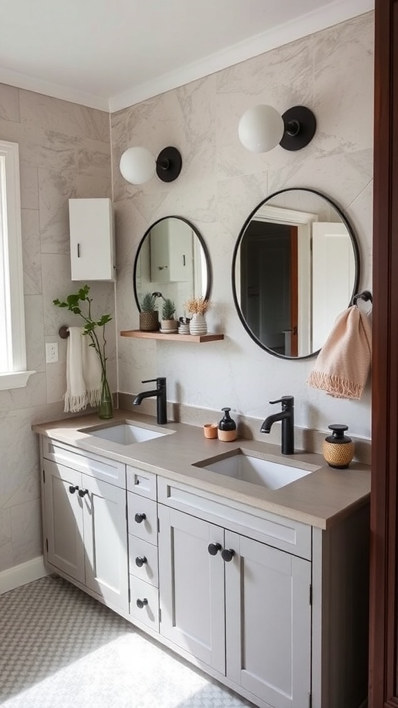 Stylish bathroom with a concrete countertop, dual sinks, and modern decor.