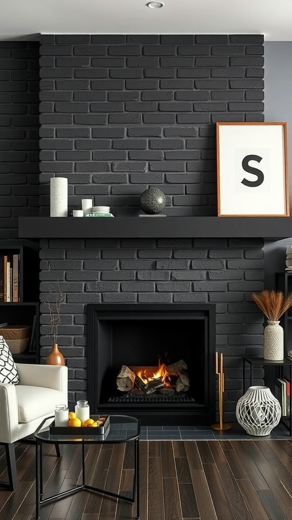 Modern black accent fireplace with a sleek design, surrounded by stylish furniture and decor.