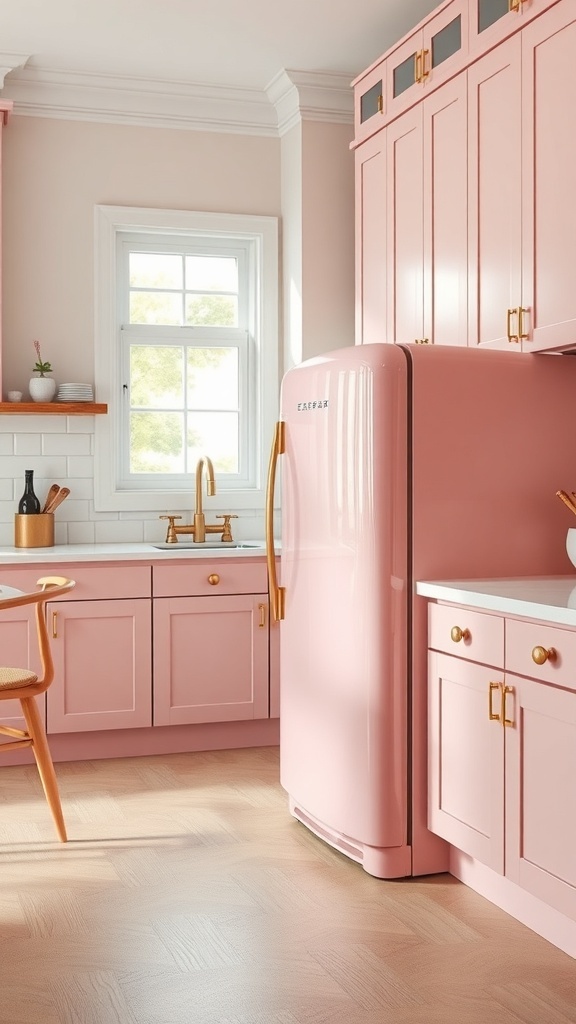 A cozy kitchen featuring a pink fridge and pink cabinets, showcasing a modern yet vintage style.