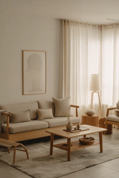 serene Japandi living room blending Scandinavian coziness with Japanese simplicity